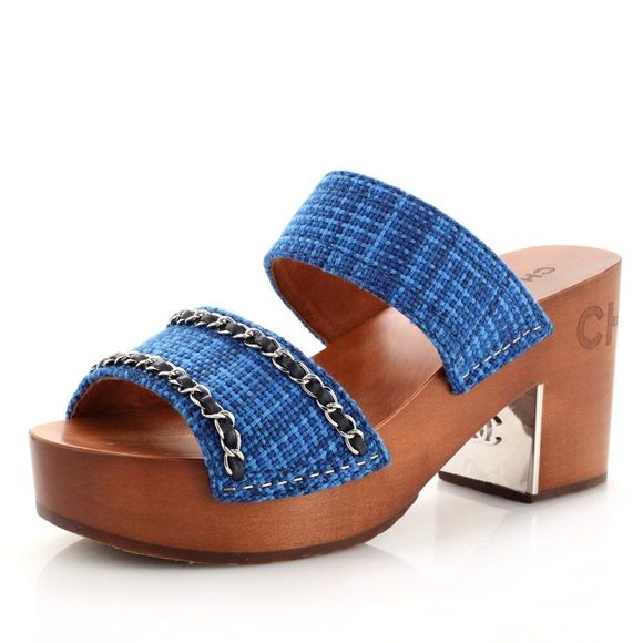 Chanel Women's Chain Platform Slide Sandals Tweed and Wood Blue, Brown - Picture 1 of 4